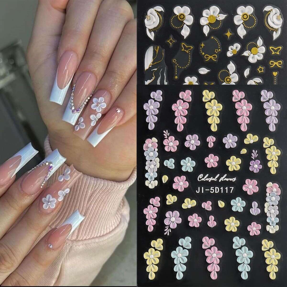 3 Sheets of Vibrant 5D Embossed Floral Nail Art Stickers - Reusable, Self-Adhesive, and Durable with Pink, Purple, and White Chain Butterfly and Spring Flower Designs - Perfect for Nail Decoration, DIY Projects, and Fashionab